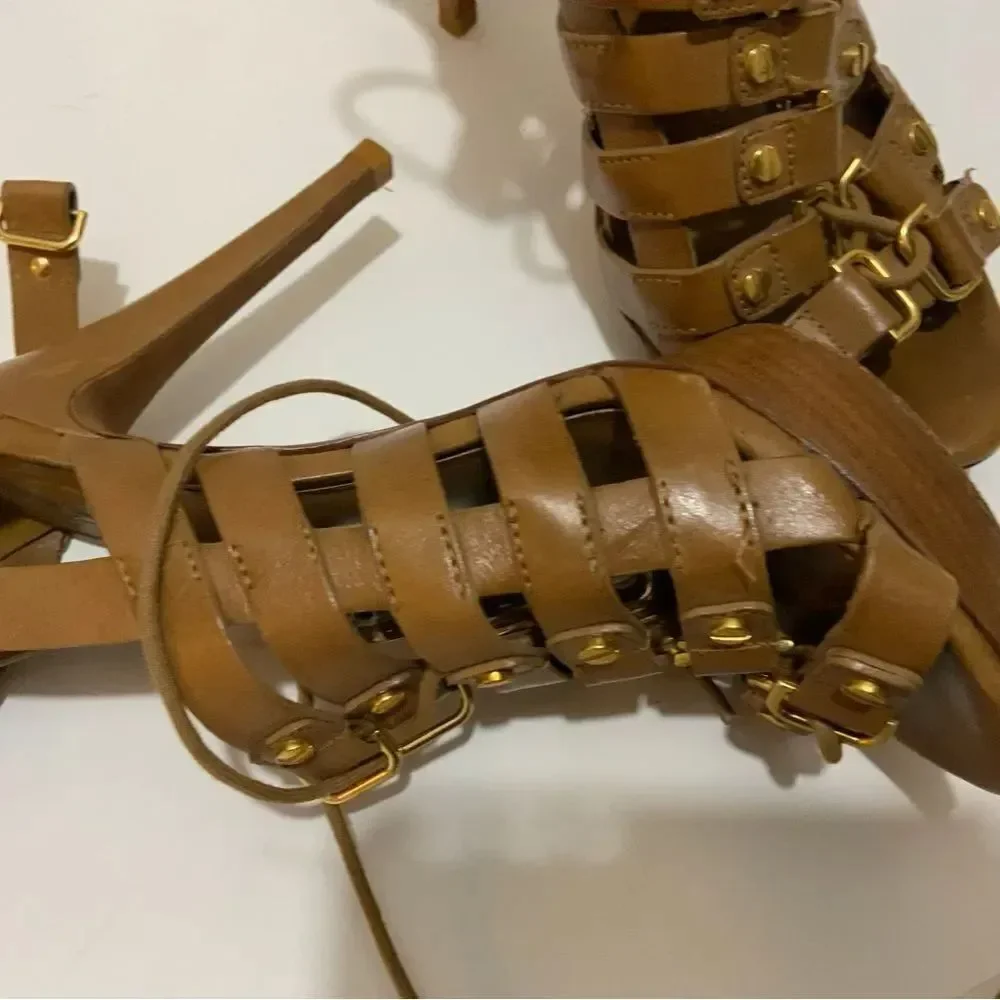 Tory Burch Gladiator Lace Up studded gold platform sandals Tan size 7.5 M